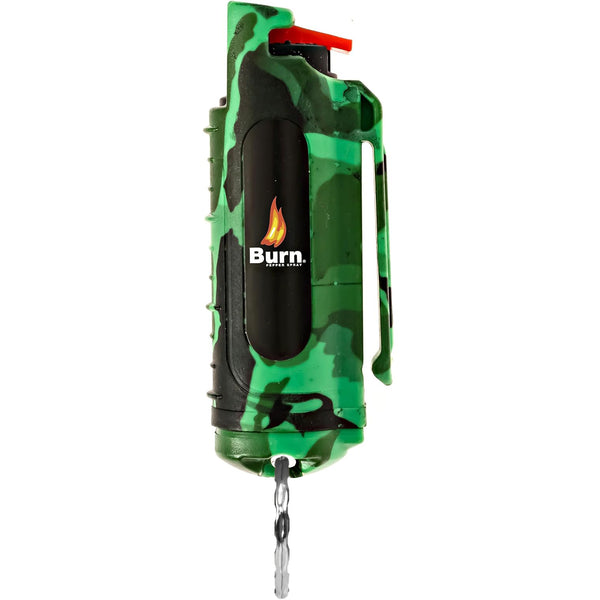 Burn Pepper Spray Keychain for Self Defense - Max Strength OC Spray - 1/2oz Molded Case - Camo