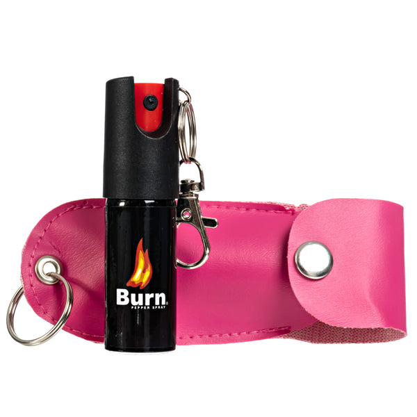 Burn Pepper Spray Keychain for Self Defense - Max Strength OC Spray - 1/2oz Molded Leather Case - Pink